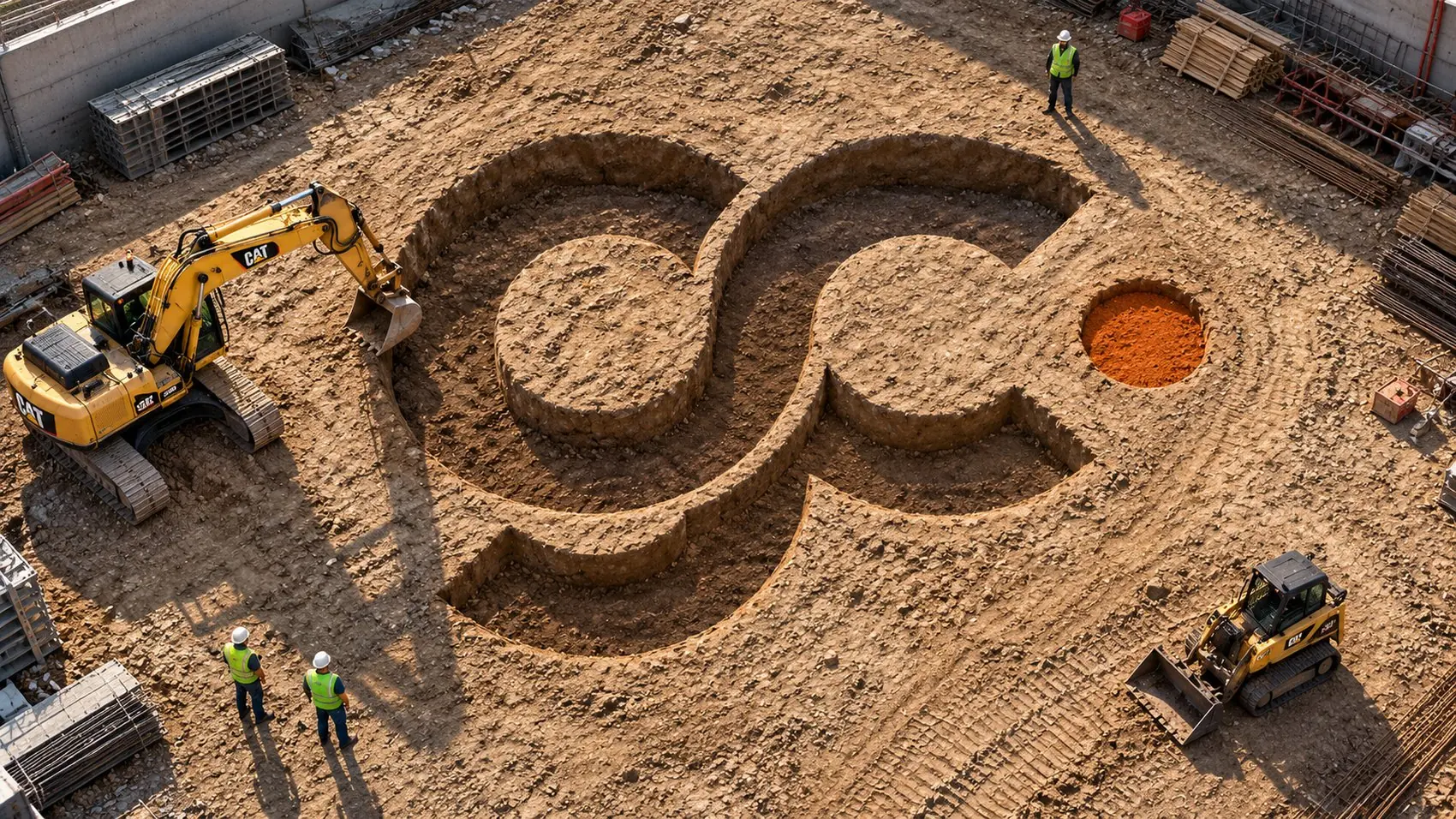Logotipo de GC excavado en el terreno con maquinaria alrededor